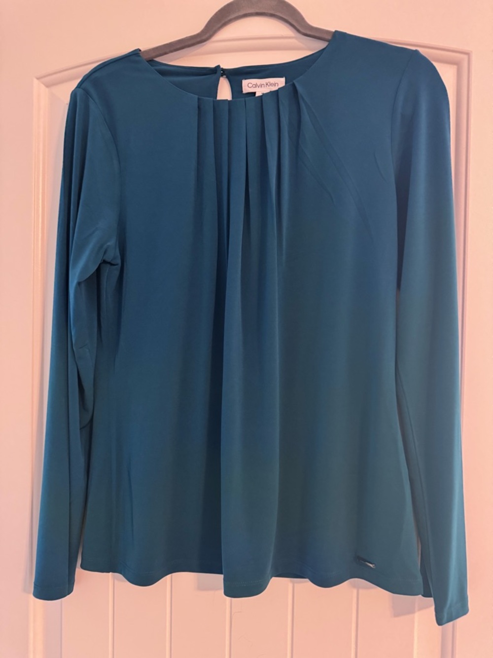 Calvin Klein Teal Pleated Front Long-Sleeve Blouse